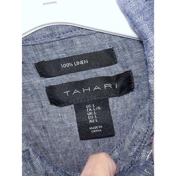 Tahari Blue Drop Waist Linen Button Down Tunic Top Sz L Side Slits - Picture 5 of 7